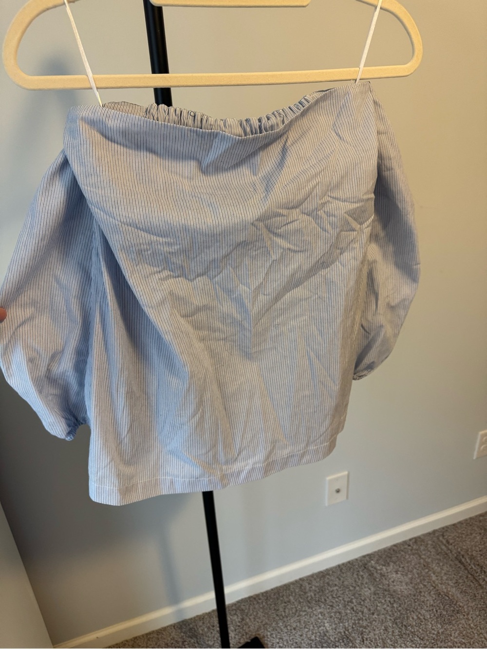 MLM Light Blue Pinstripe Off-Shoulder Blouse
